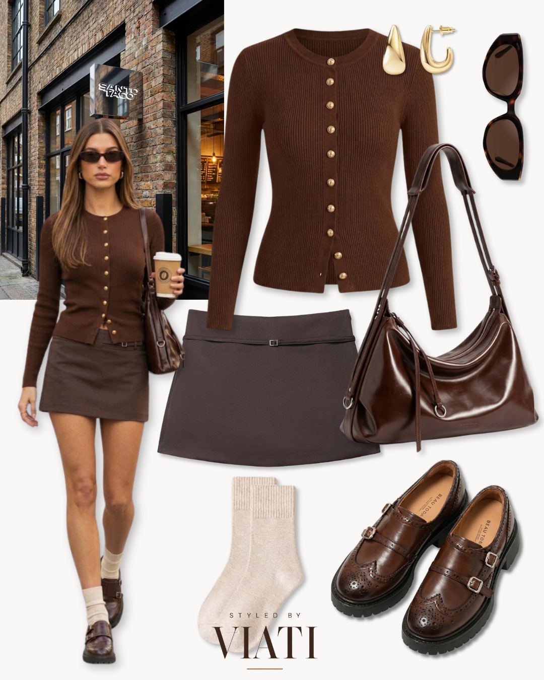 L001 Chocolate Espresso Run outfit featuring a chocolate cardigan and mini skirt