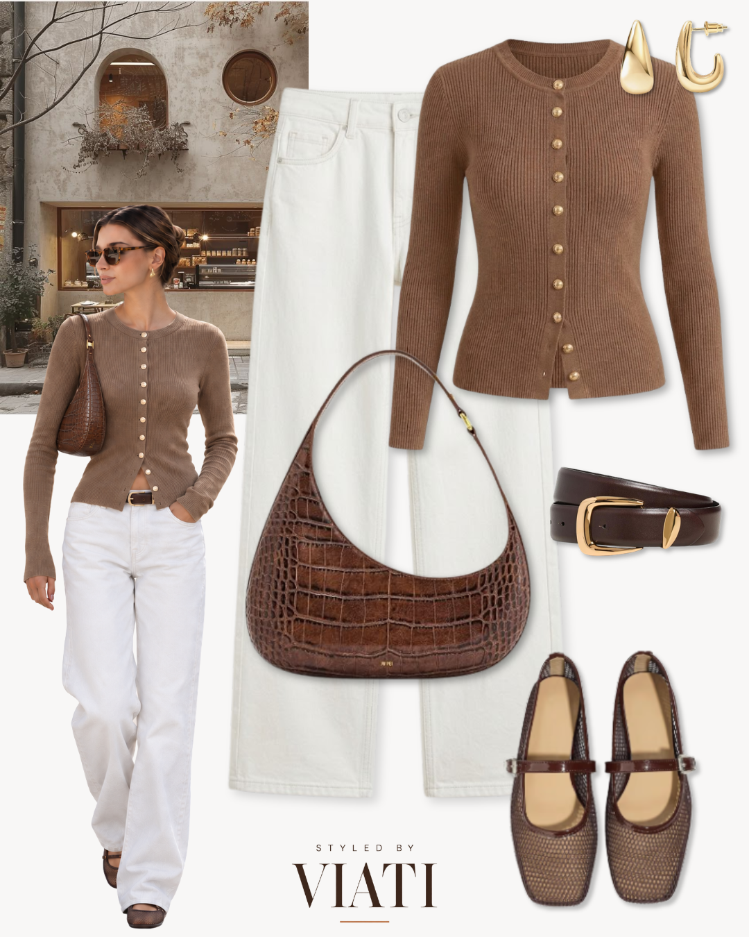 L002 Warm Vanilla & Mocha Palette outfit featuring a mocha cardigan and ivory wide-leg jeans