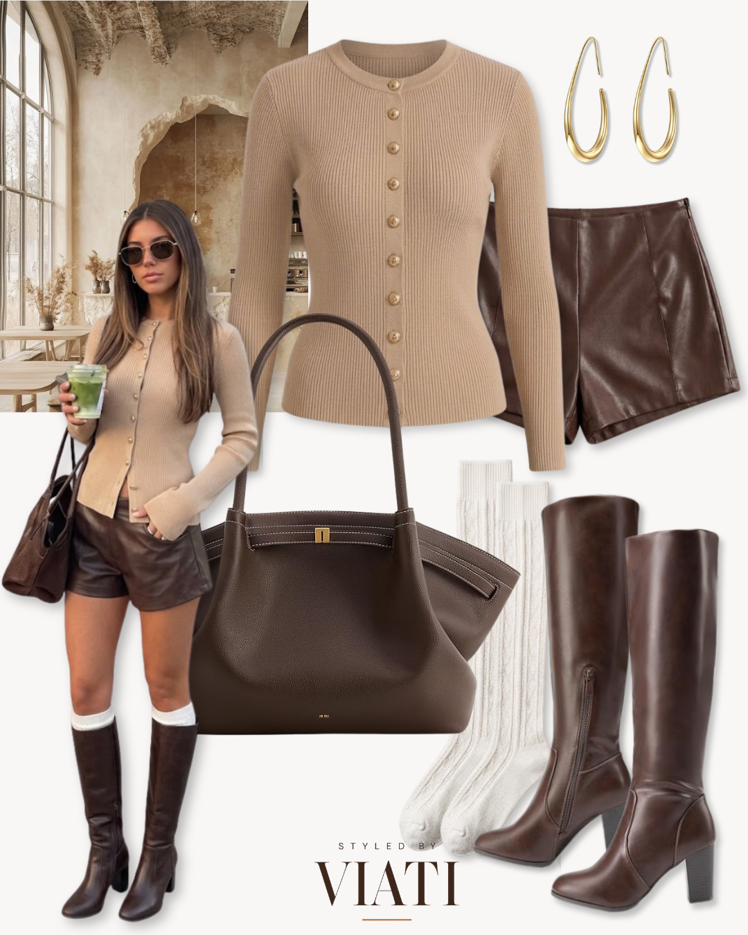 L003 Classic Beige Meets Trendy Choco Leather ✨ outfit featuring a beige cardigan, brown shorts and knee-high boots
